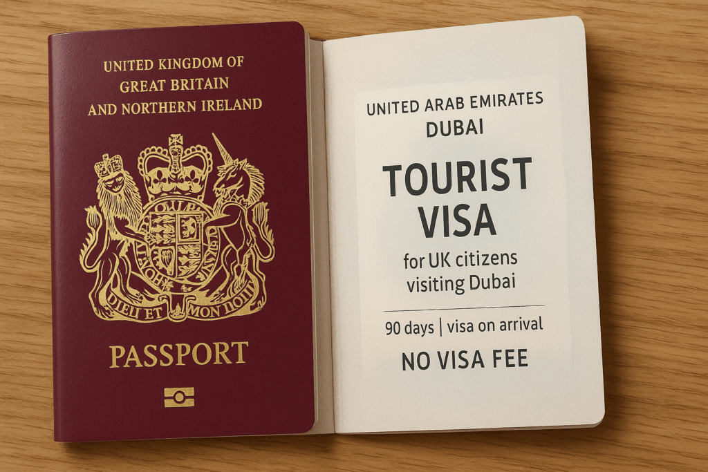UK passport and a UAE tourist visa showing visa requirements for UK citizens visiting Dubai in 2025, highlighting the ease of entry for British nationals.