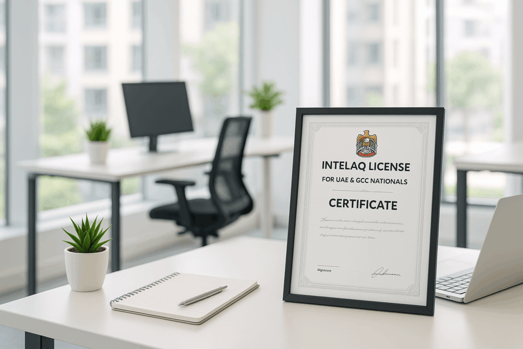 A modern, bright office space with an Intelaq license certificate on a desk, symbolizing easy business setup for UAE and GCC nationals.