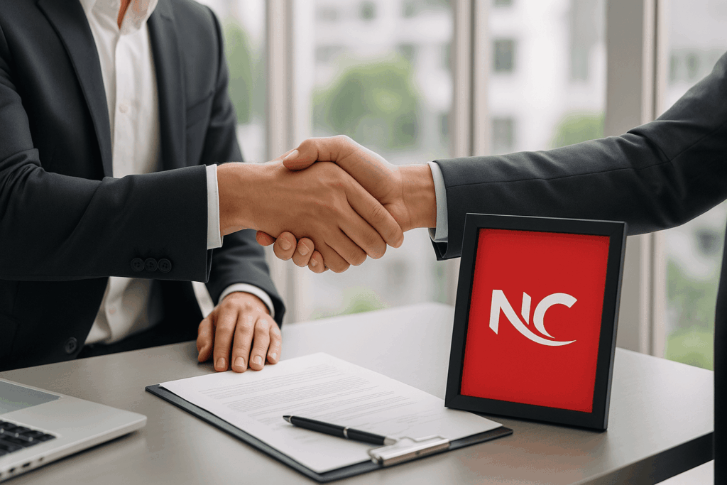 : A professional handshake between two individuals across a sleek desk, symbolizing trust and partnership in business with Noble Core.