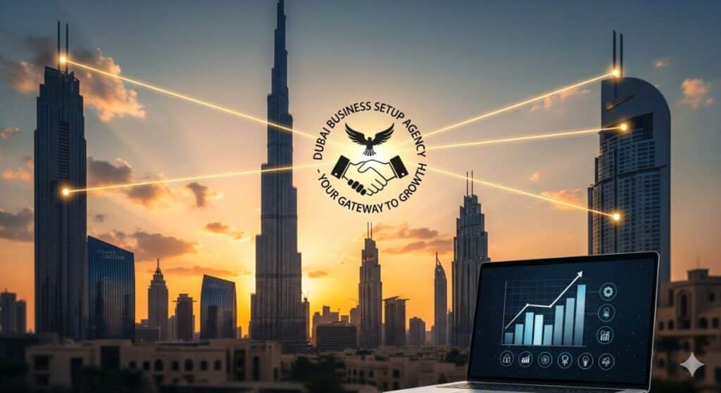 Modern Dubai skyline symbolizing business opportunities and growth, and the role of a business setup agency in Dubai