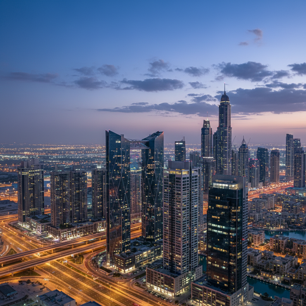Best free zones UAE 2026 — DMCC Dubai aerial view at blue hour