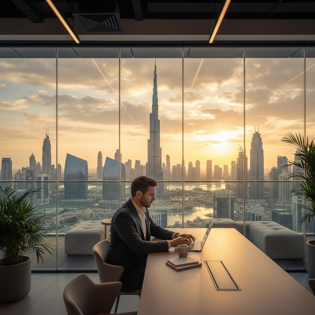 Best online business in UAE 2026 - Dubai entrepreneur in modern coworking space