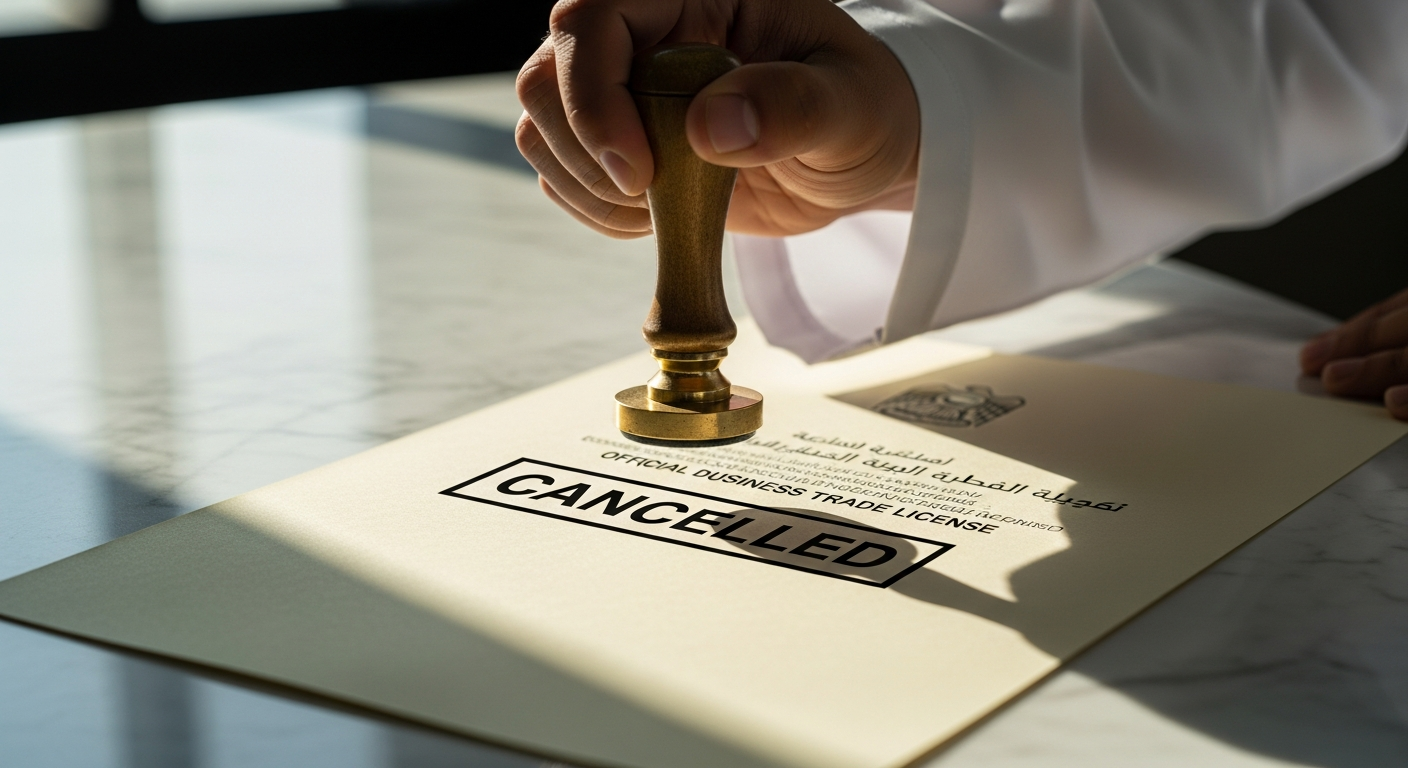 cancel trade license Dubai 2026 — official document being stamped cancelled, Department of Economic Development