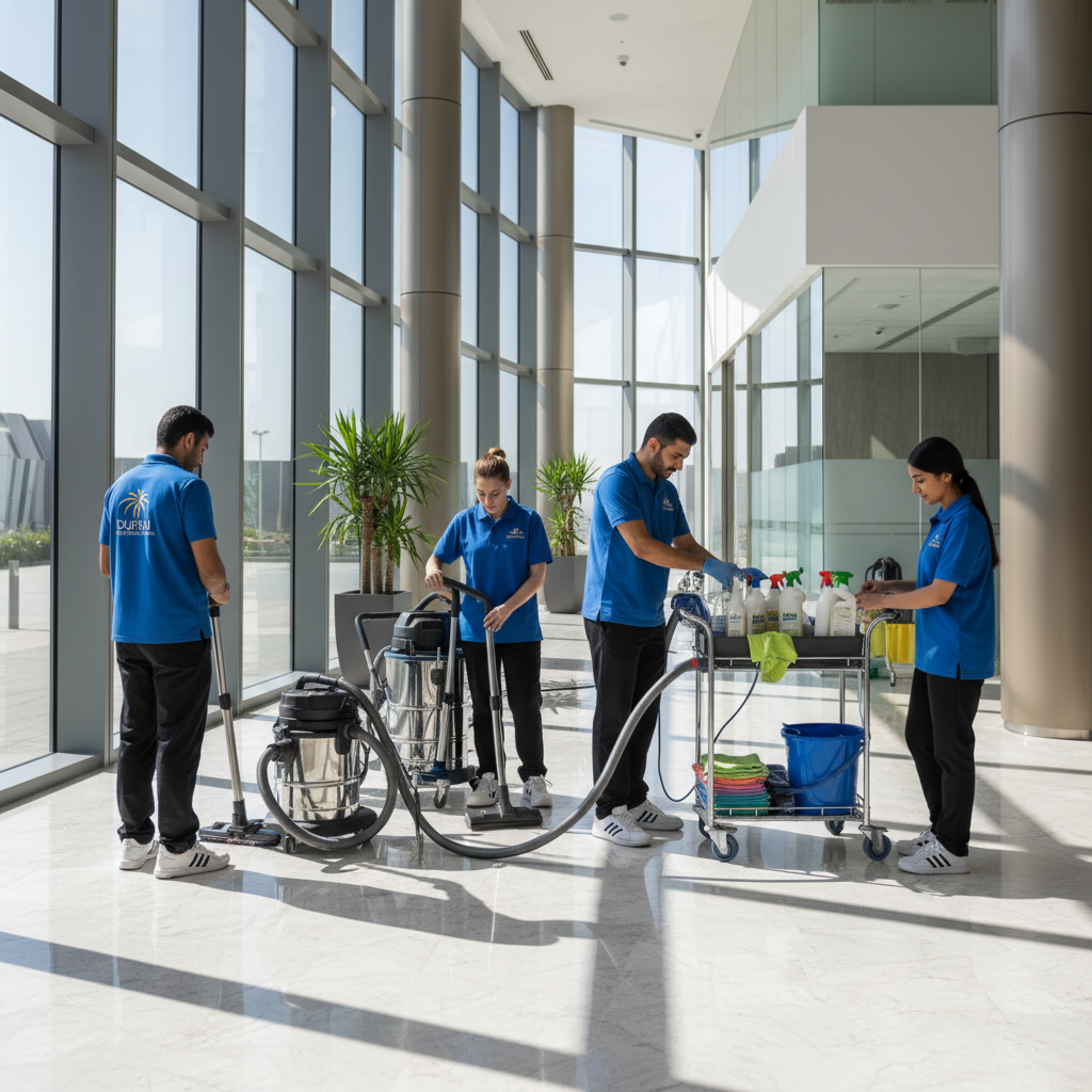 Cleaning company license Dubai — professional cleaning staff in uniform preparing equipment in modern office lobby