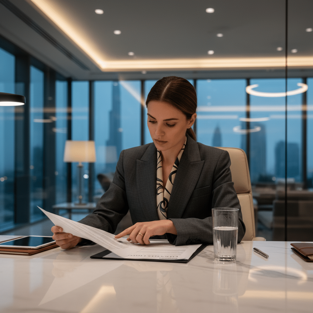 consulting license dubai 2026 professional woman reviewing documents in modern Dubai office