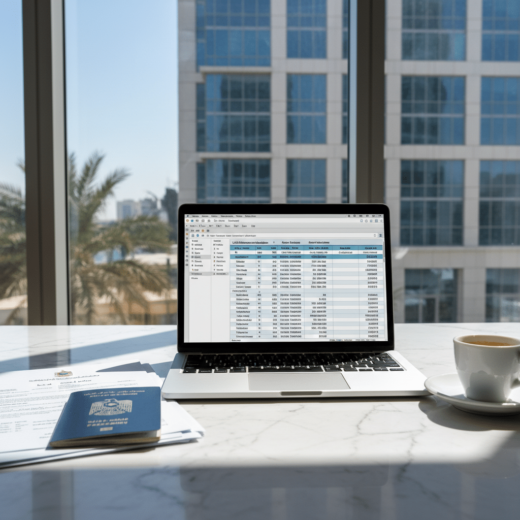 Freelance license UAE 2026 — MacBook with cost spreadsheet, UAE passport and documents on marble desk