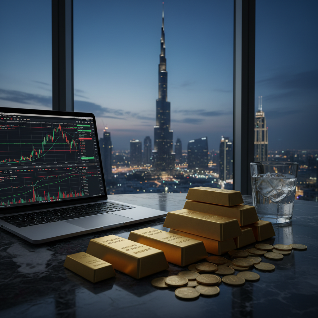 Gold trading license Dubai 2026 — gold bars and trading charts on marble desk