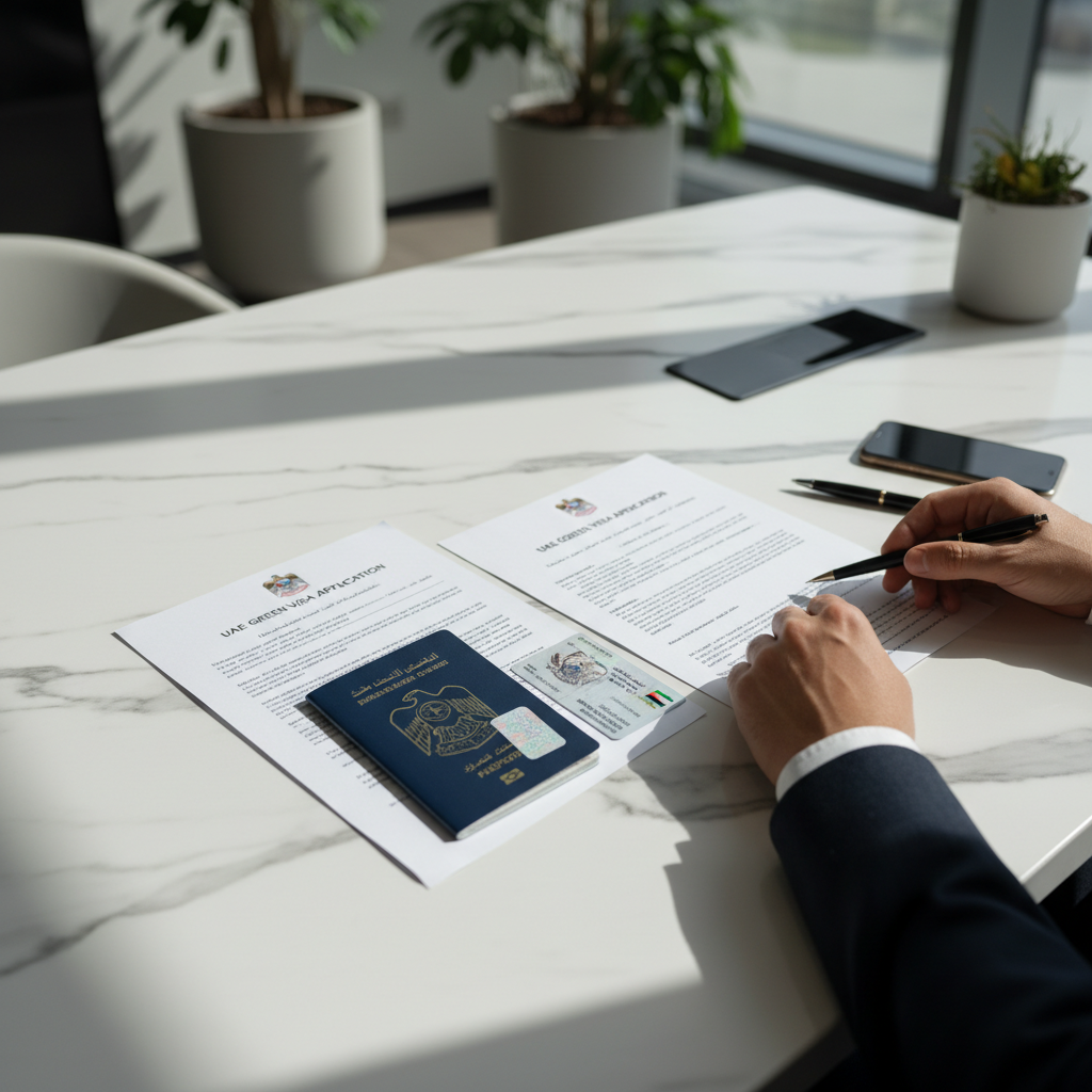 UAE Green Visa 2026 application documents and passport on desk