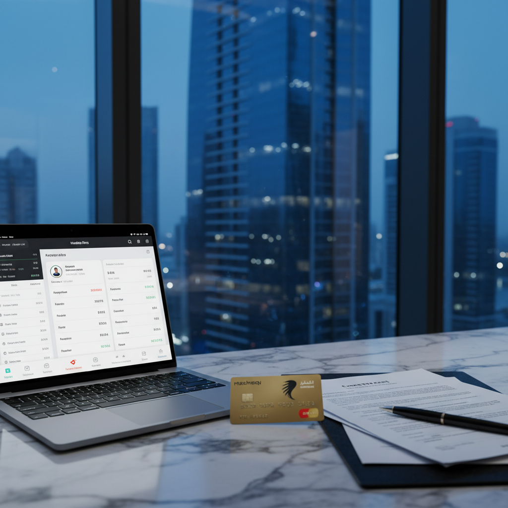 Mashreq Neo business account UAE - NeoBiz dashboard on MacBook Pro with business debit card