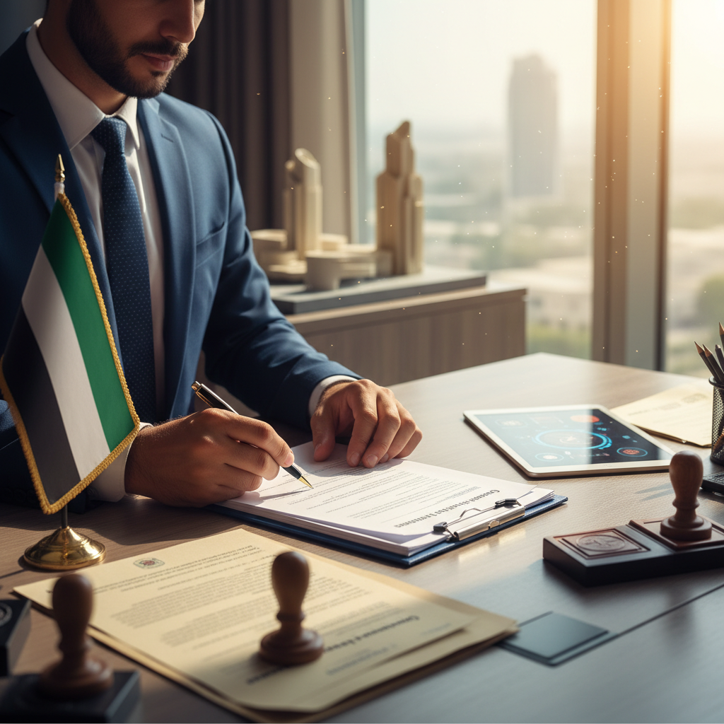 RAK mainland company formation 2026 — businessman signing documents at modern office