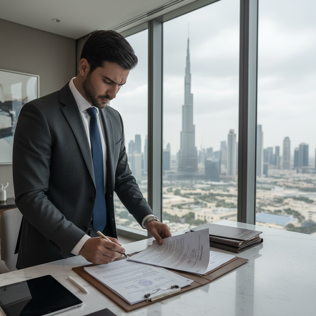 renew trade license Dubai 2026 — businessman reviewing trade license renewal documents at modern Dubai office