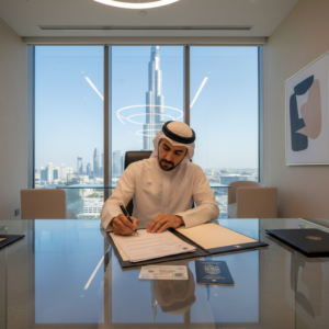 Sole establishment Dubai 2026 — professional signing trade license documents at modern glass desk with Burj Khalifa view