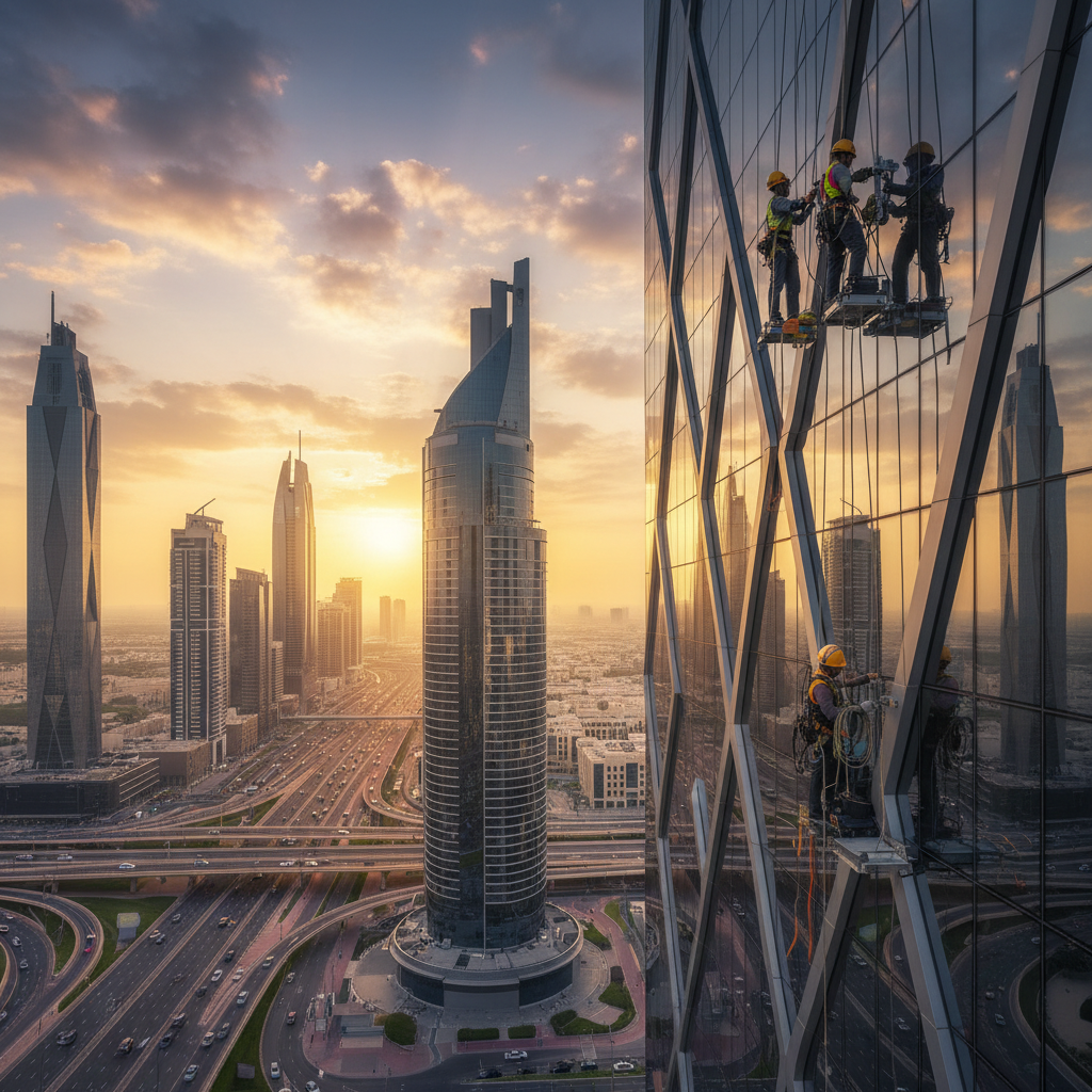 Technical services license Dubai — engineers on Dubai building facade at golden hour