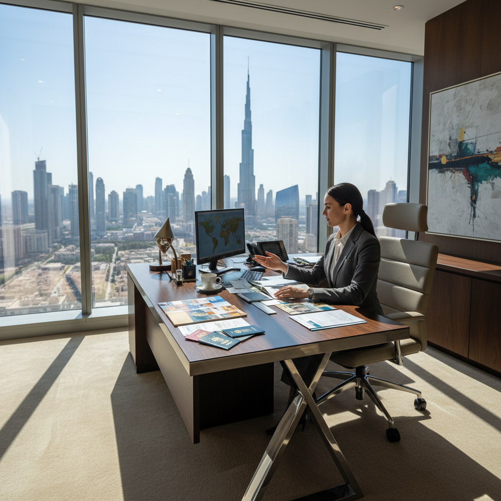 travel agency license Dubai 2026 — travel consultant reviewing packages in modern Dubai office