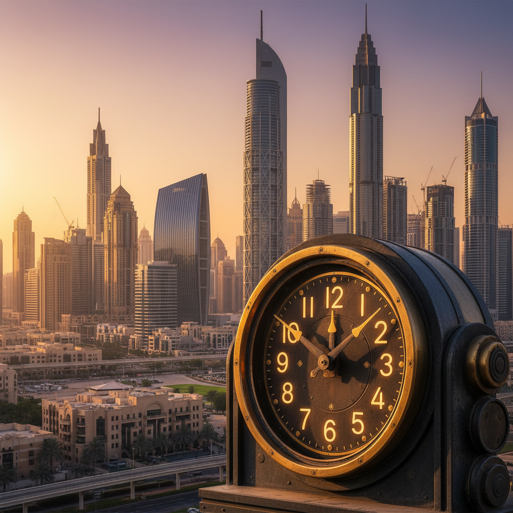 UAE time zone GST GMT+4 Dubai skyline business district