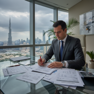 VAT registration UAE 2026 — accountant reviewing documents in Dubai office