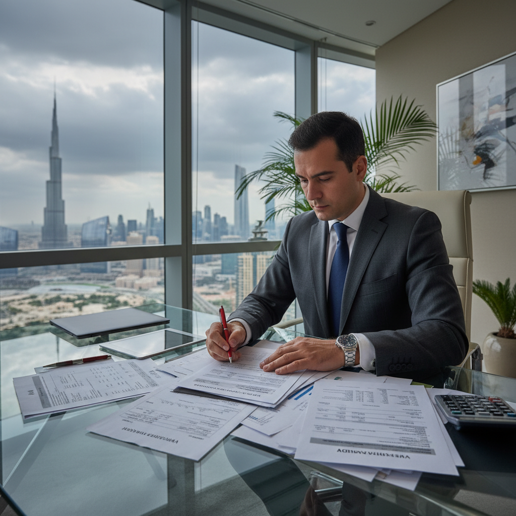 VAT registration UAE 2026 — accountant reviewing documents in Dubai office