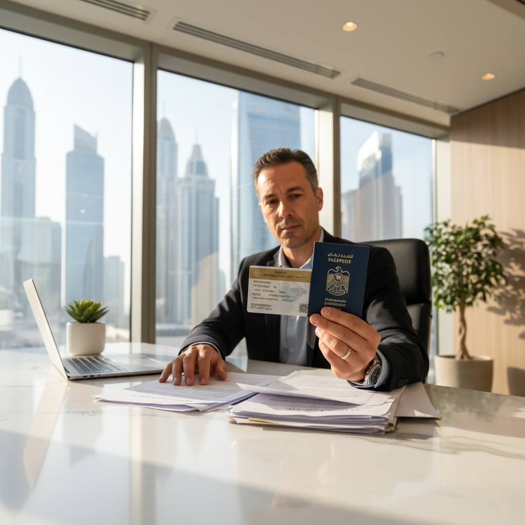 visa renewal Dubai 2026 — Emirates ID and passport documents on marble desk