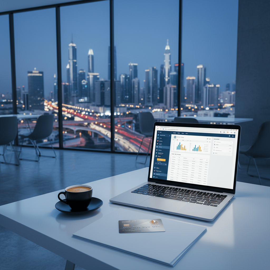 Wio Bank business account UAE 2026 — digital banking on laptop with UAE bank card