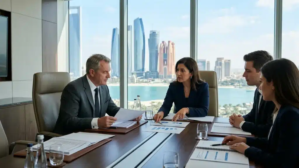 Group finance team reviewing tax reports in an Abu Dhabi boardroom